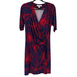 Tommy Bahama Faux Wrap Dress Womens Large Blue Red Floral Slinky Stretchy Modest